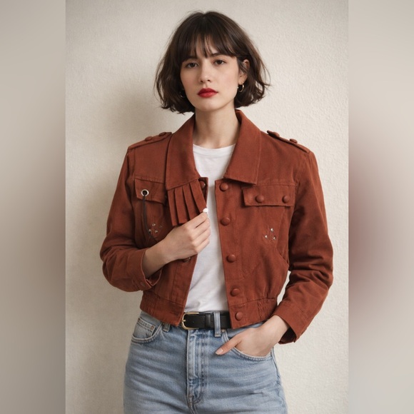 Vintage Jackets & Blazers - VINTAGE 80s Burnt Sienna Faux Suede Cropped Western Moto Jacket Size M